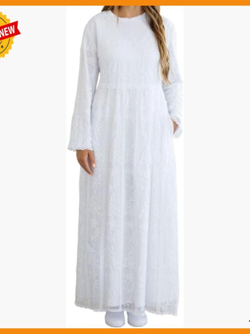 Pull Over Temple Dress with Floral Lace, Side Pockets, Full-Length